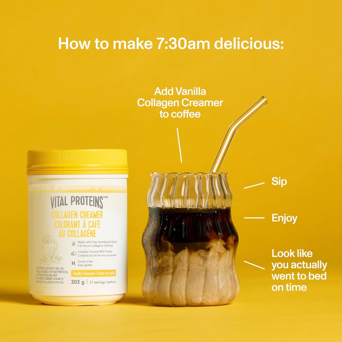 Vanilla collagen creamer container with a glass of iced coffee on a yellow background, featuring text on how to use the product.