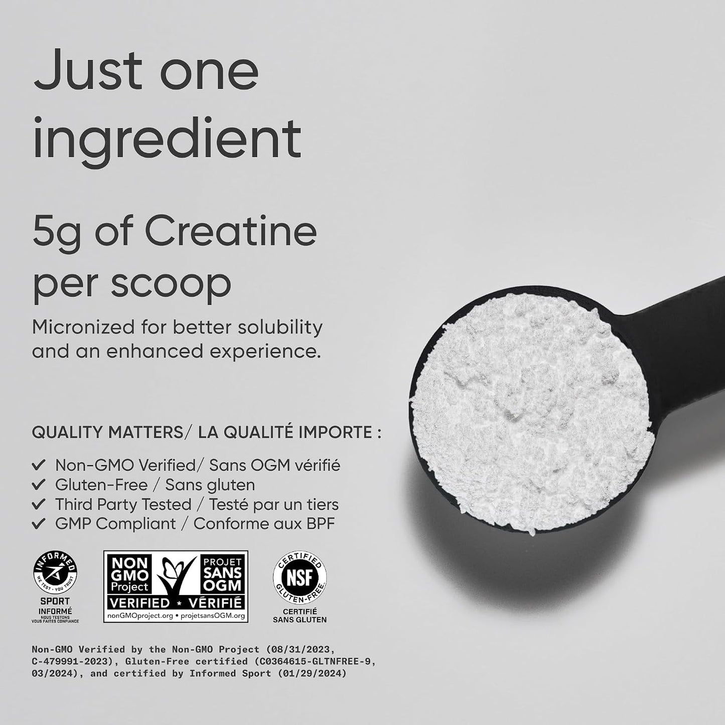 Scoop of creatine powder with text about its ingredients and quality on a gray background