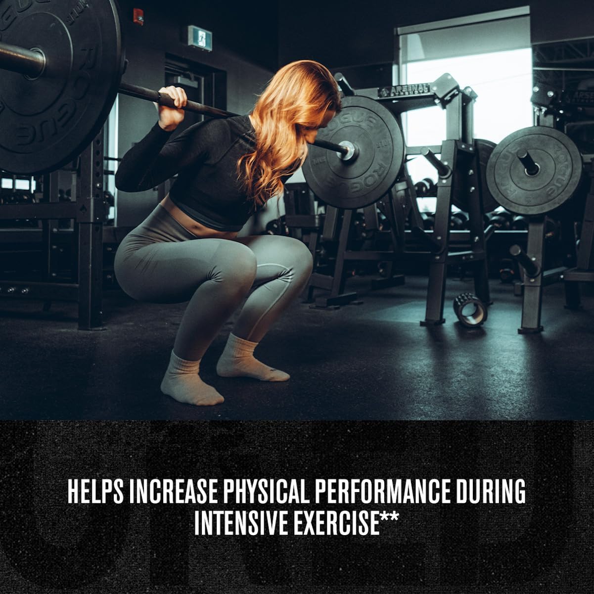 Person lifting weights in a gym with text about physical performance benefits.