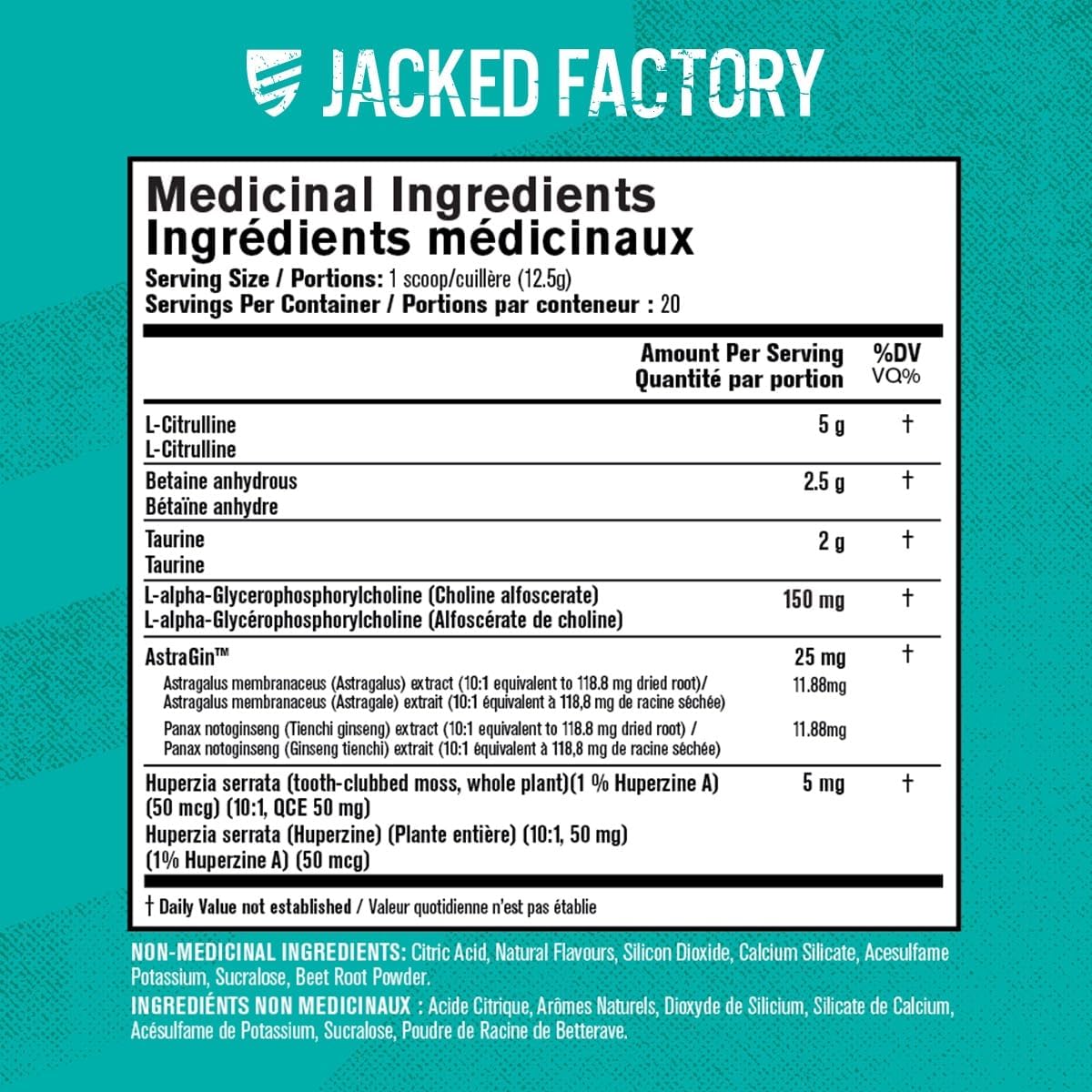 Nutritional label for a product by Jacked Factory on a teal background