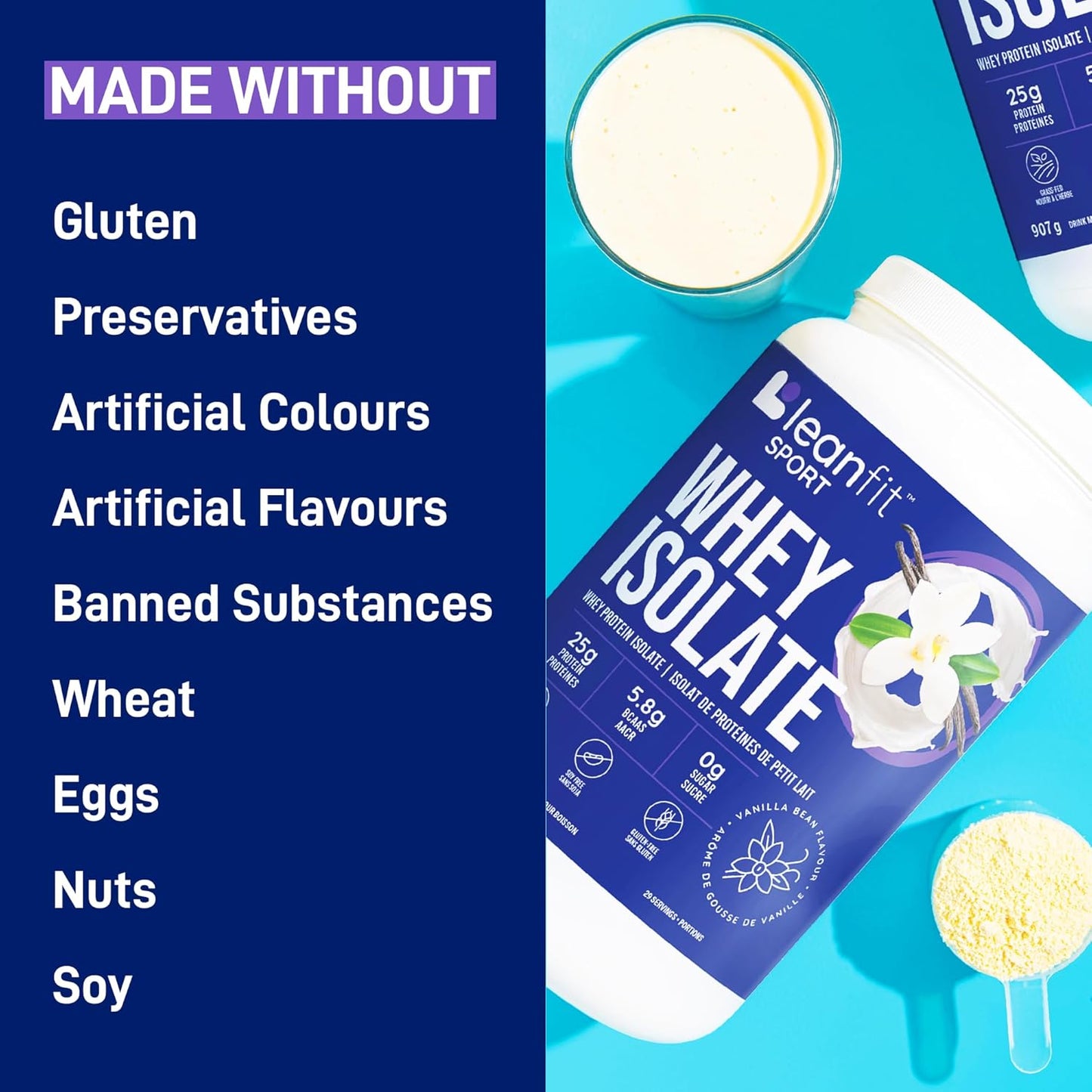 Whey isolate protein powder container with ingredients list on a blue background