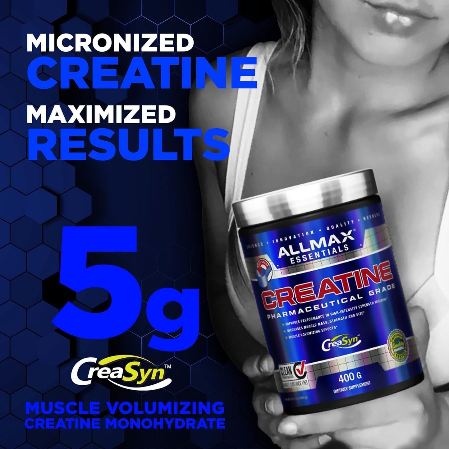 Allmax Essentials Creatine supplement container with promotional text on a blue and black background