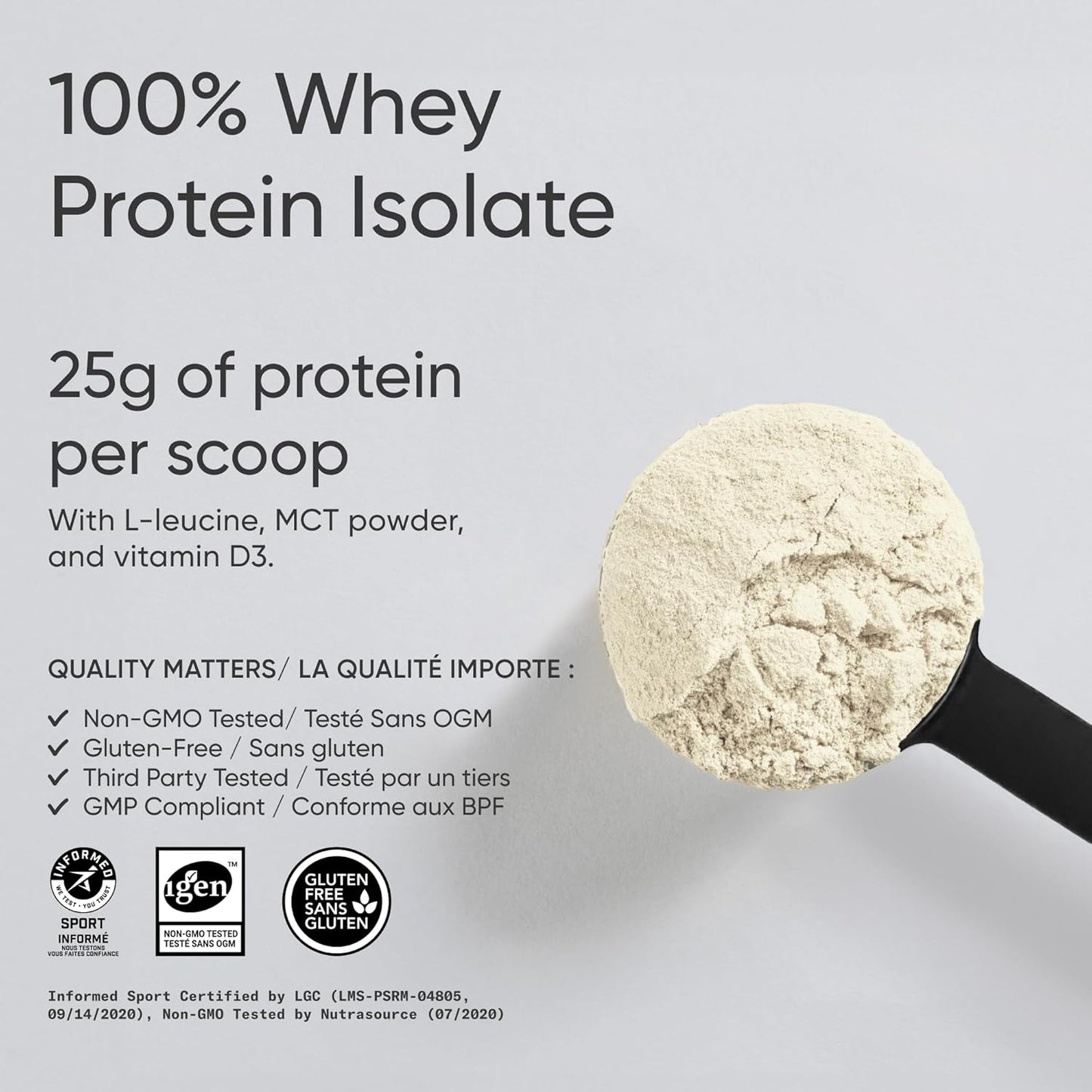 Protein powder scoop with protein powder on a gray background, featuring text about protein content and quality certifications.