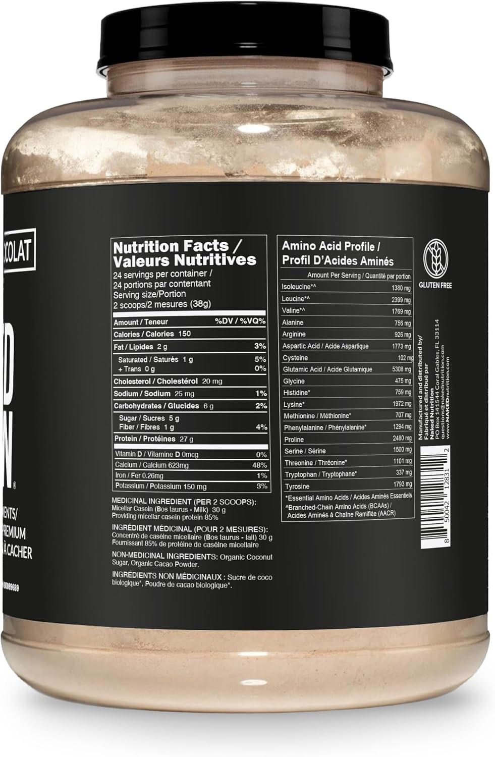 Close-up of the back of a large clear plastic supplement tub with a black lid and black label, showing nutrition facts and amino acid profile text.