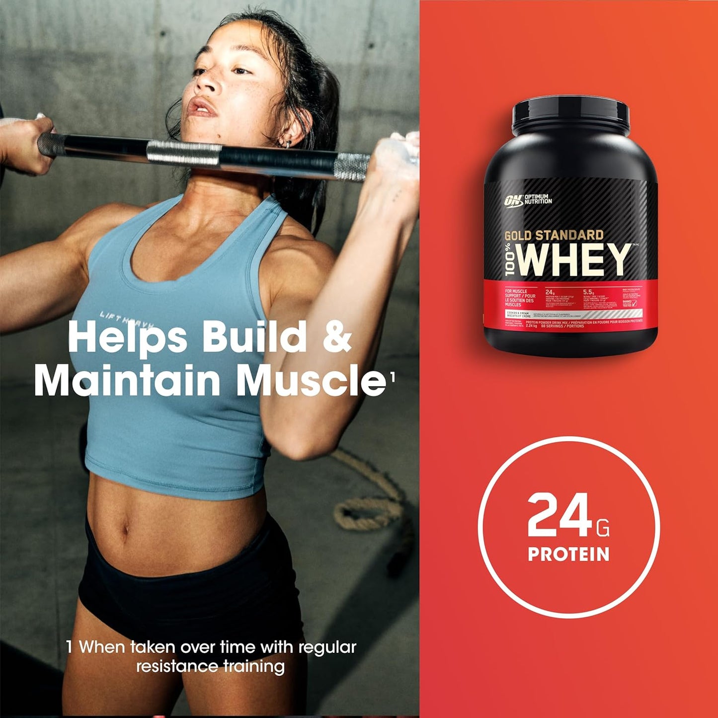Woman lifting weights with a container of Optimum Nutrition Gold Standard 100% Whey protein on an orange background.