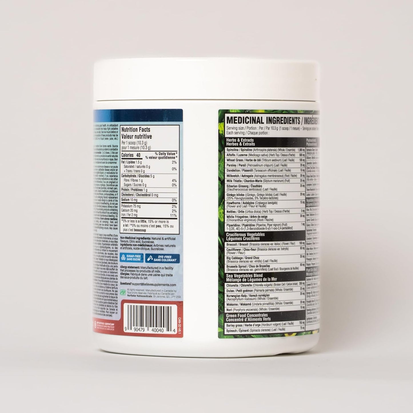 Back label of a supplement container with nutritional information on a white background