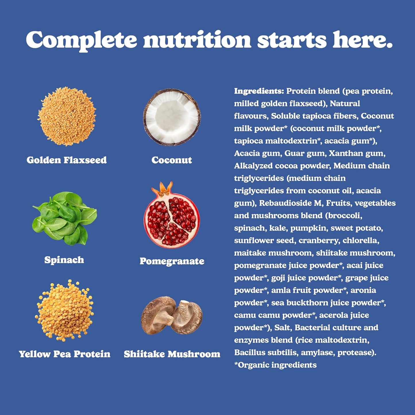 Ingredients of a nutritional product displayed with images and text on a blue background.