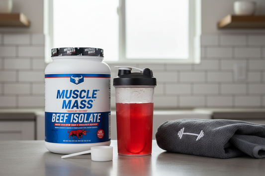 Beef protein powder with shaker cup and fruit punch protein drink
