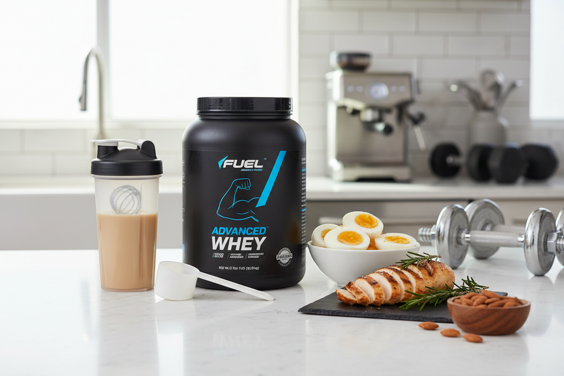 Whey protein powder, shaker bottle, and high-protein foods for fitness goals