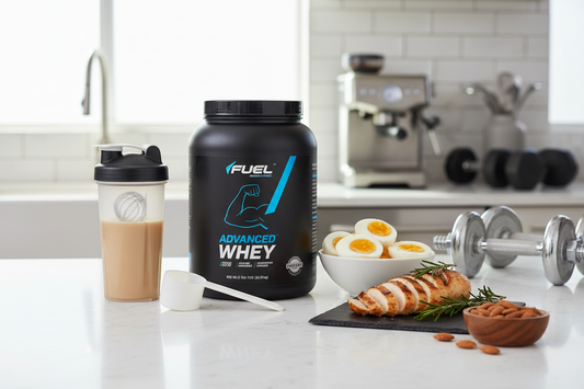 Whey protein powder, shaker bottle, and high-protein foods for fitness goals