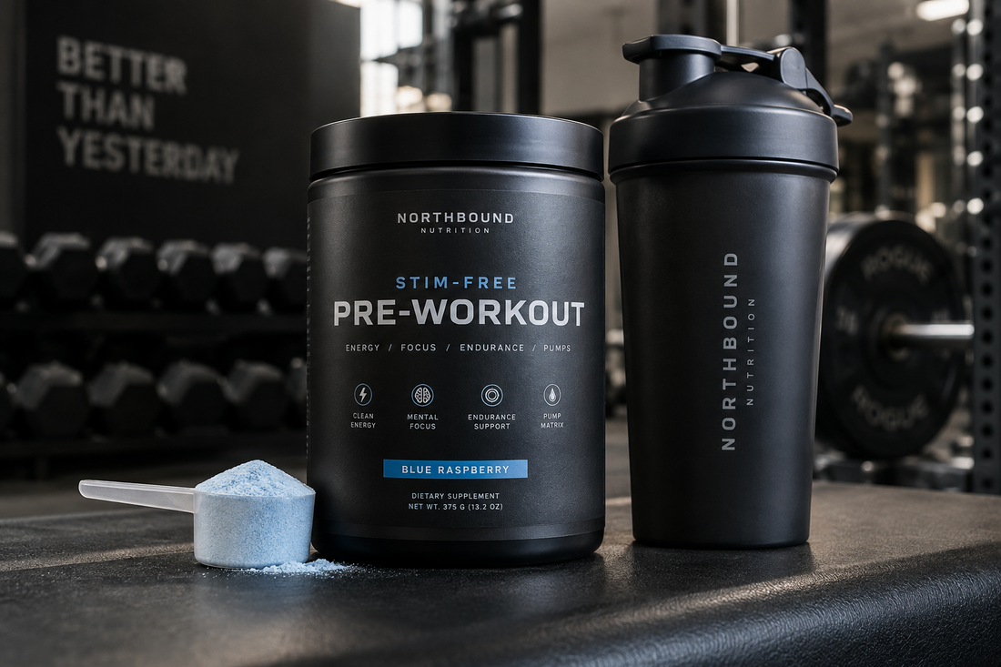 Stim-free pre-workout supplement with shaker and scoop.