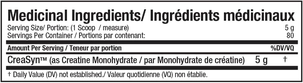 Nutritional label for a product with medicinal ingredients, including Creasyn.