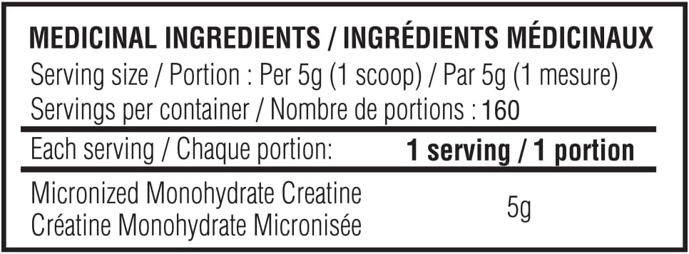 A close-up of a product's ingredient label showing 'MEDICINAL INGREDIENTS / INGRÉDIENTS MÉDICINAUX' with serving size 5g (1 scoop), servings per container 160, and micronized monohydrate creatine listed as 5g.