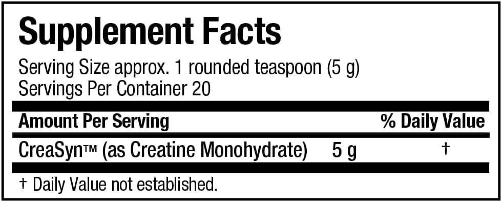 Supplement facts label for CreaSyn with serving size and container information.