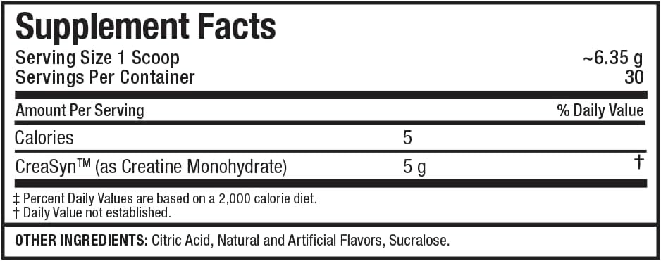 Supplement facts label for a product containing CreaSyn with serving size and container details.