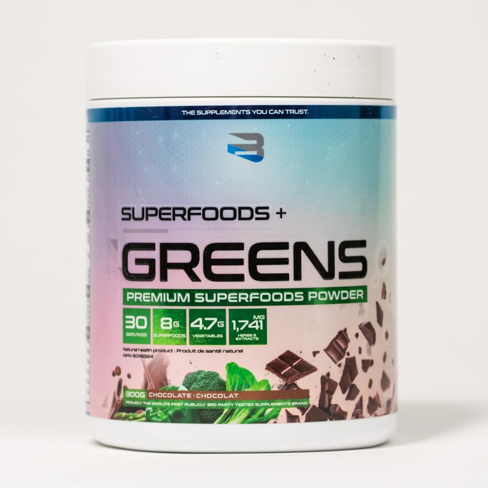 Superfoods + Greens powder container on a white background
