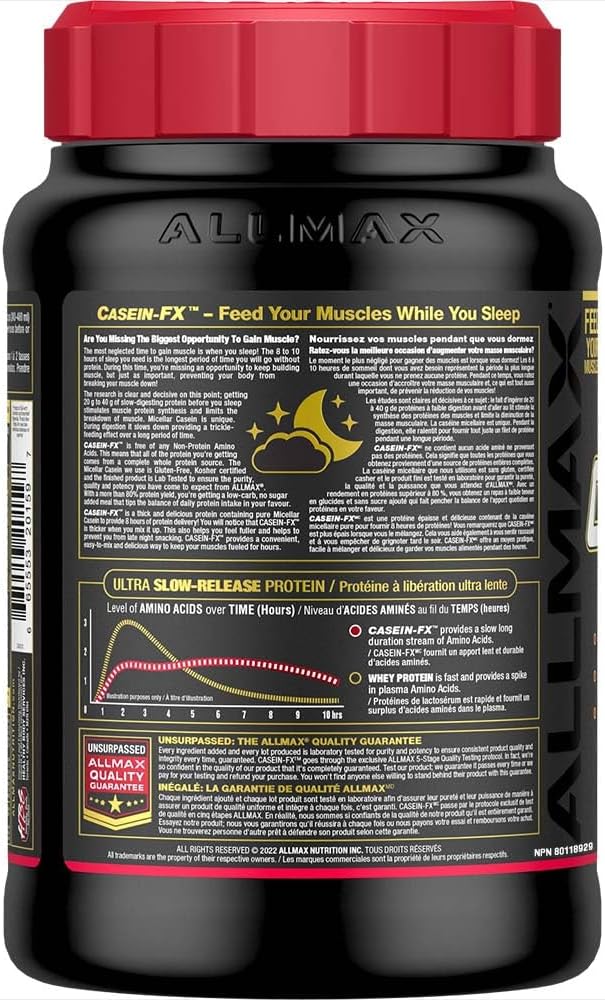 Allmax Casein-FX protein powder container with red lid and black label.