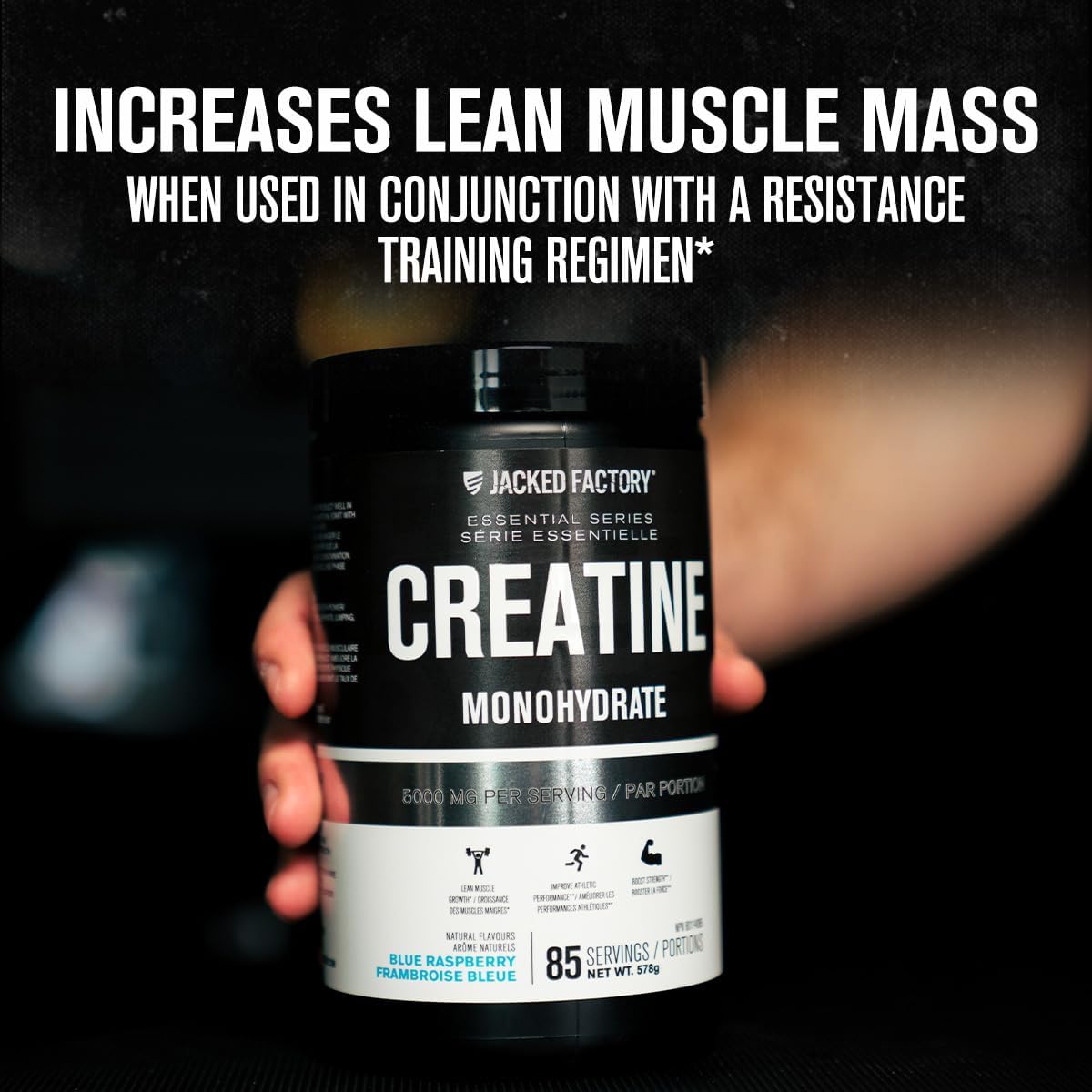 Jacked Factory Creatine Monohydrate supplement bottle held by a hand with promotional text on a dark background.