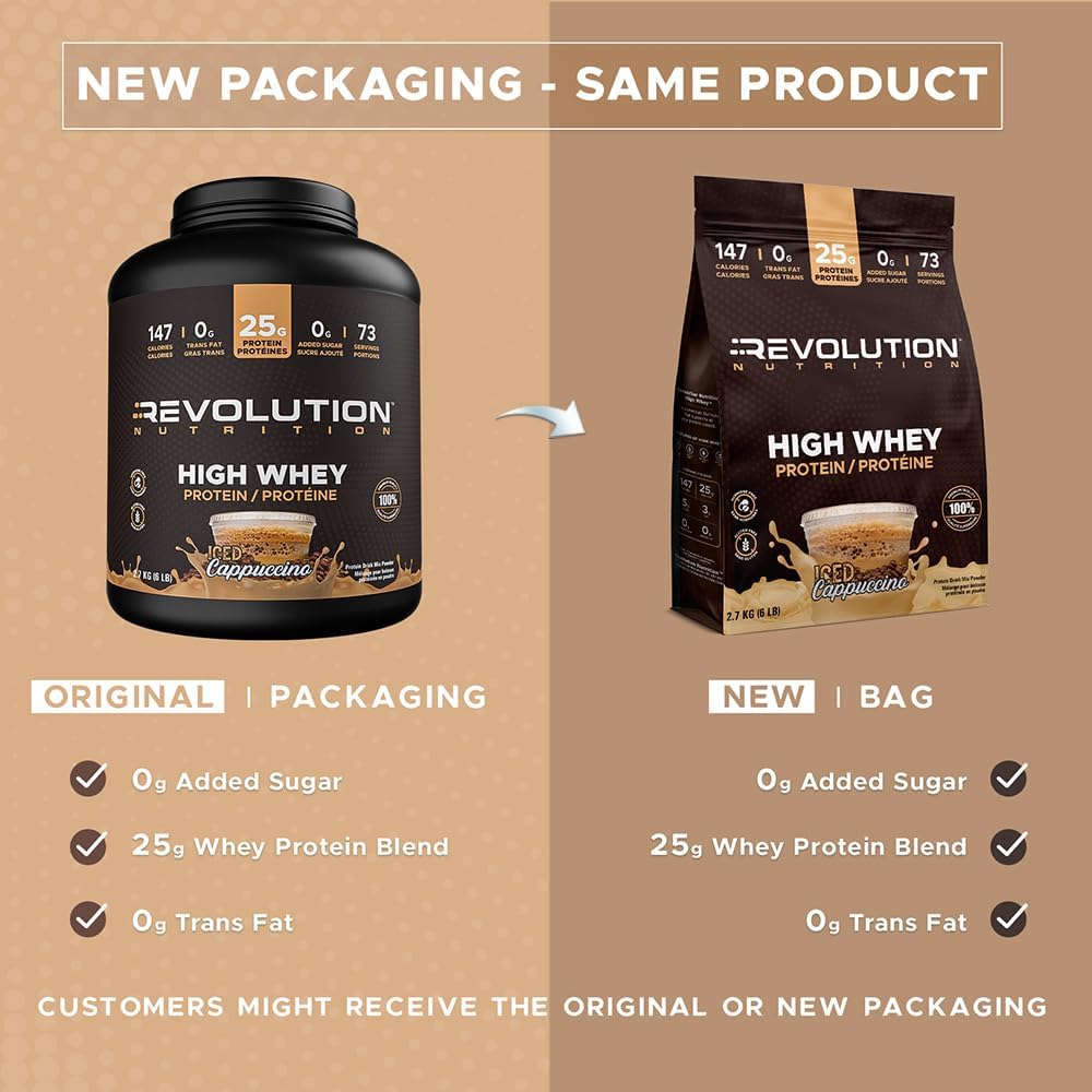 Comparison of Revolution Nutrition protein product packaging on a beige background