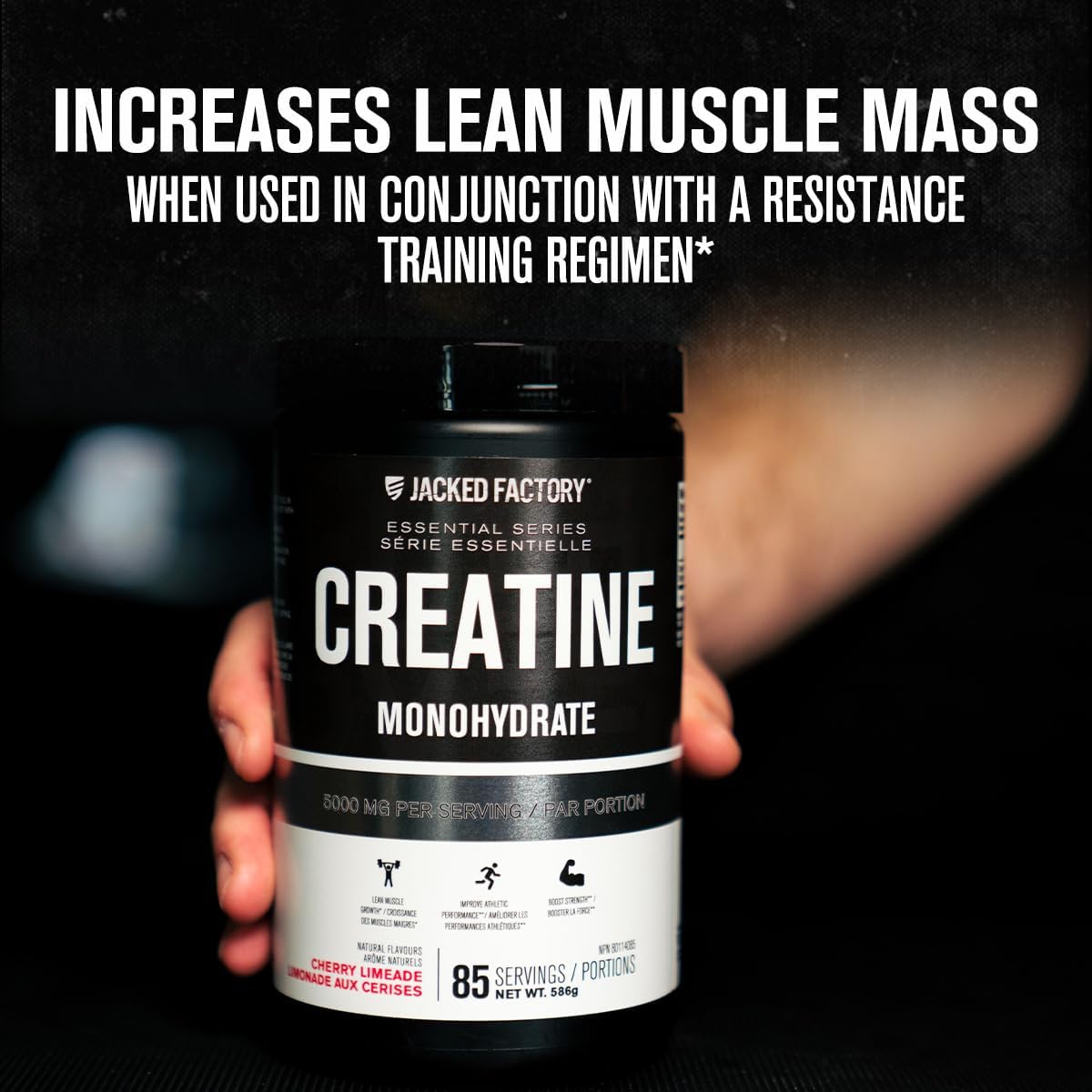 Jacked Factory Creatine Monohydrate supplement bottle held by a person with promotional text.