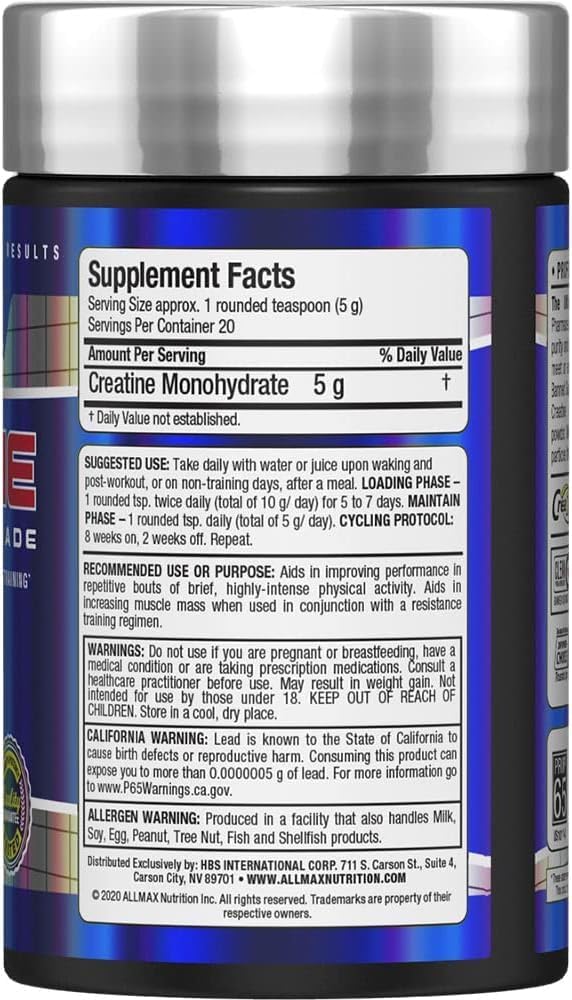 Supplement container with label showing 'Creatine Monohydrate' on a blue background