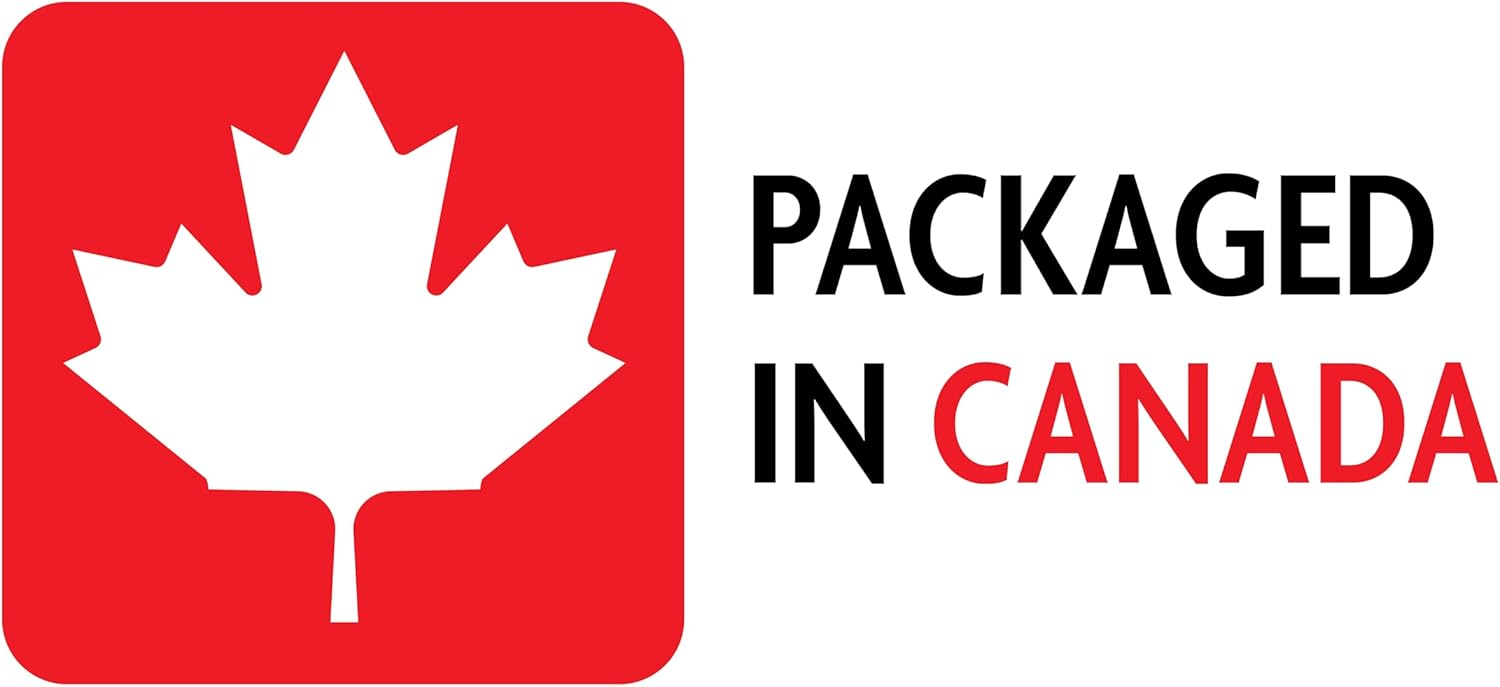 Logo with a white maple leaf on a red background and text 'Packaged in Canada' in black and red.