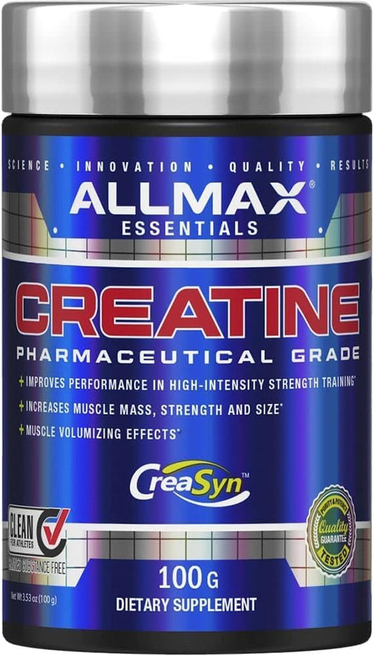 Allmax Essentials Creatine supplement container with blue and red label
