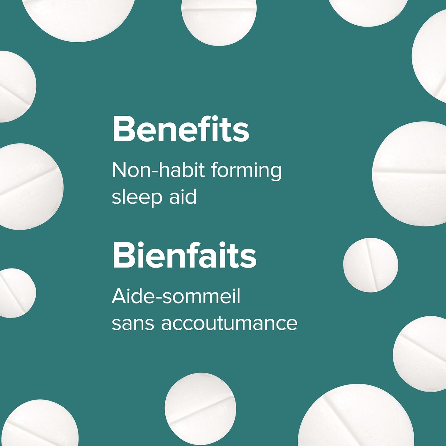White pills on a green background with text about non-habit forming sleep aid.