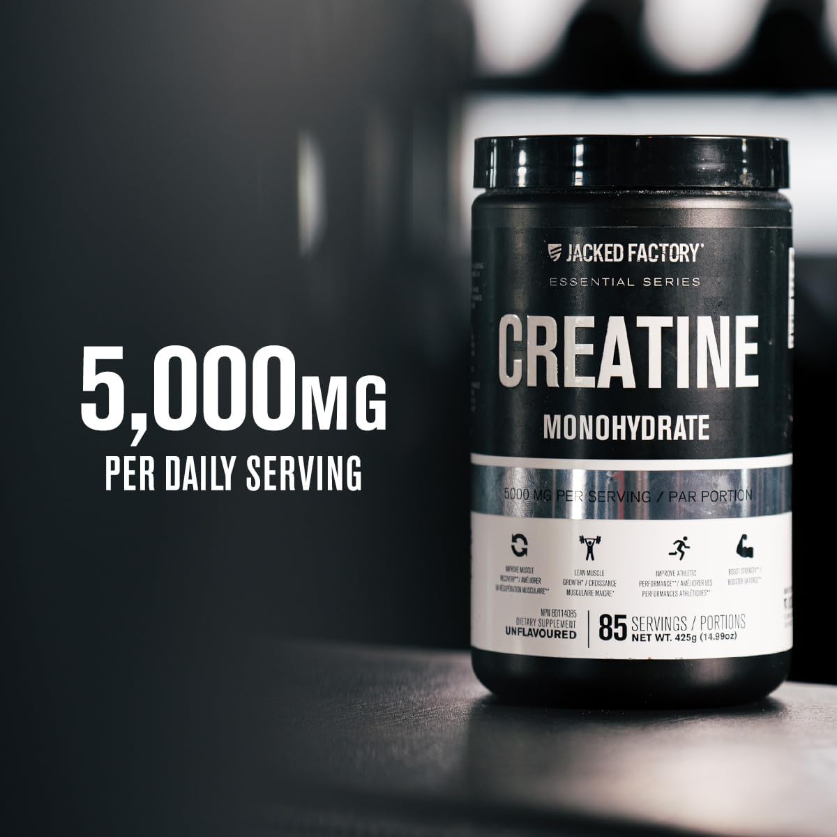 Creatine monohydrate supplement container with 5,000mg daily serving label on a dark background.