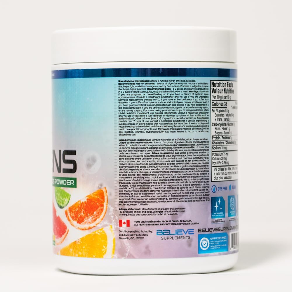 Supplement container with colorful label on a white background