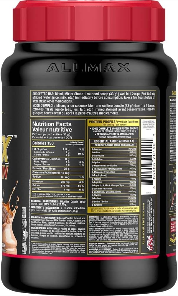 Black supplement container with red lid featuring AllMax branding and nutritional information.