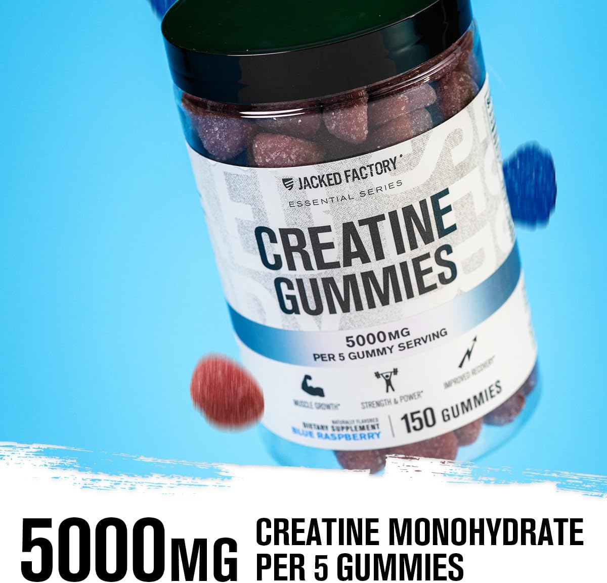 A jar of Jacked Factory Creatine Gummies floating against a bright blue background, with text overlays at the bottom reading '5000MG CREATINE MONOHYDRATE PER 5 GUMMIES'.