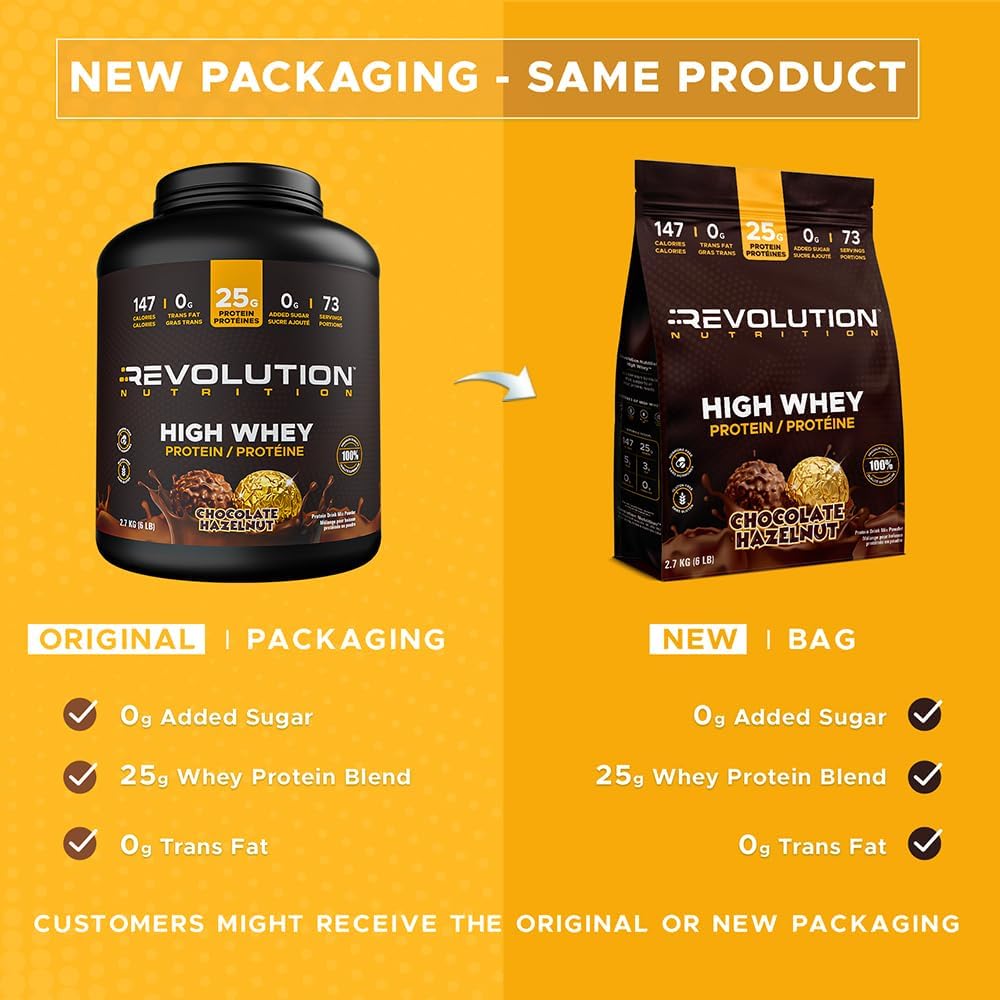 Comparison of Revolution Nutrition protein product packaging on a yellow background