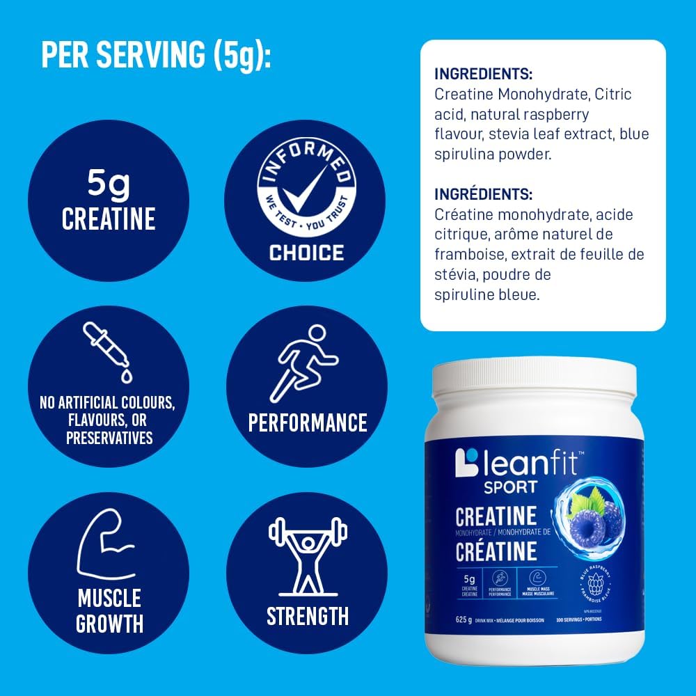 Blue container of leanfit sport creatine with health benefits and ingredient list on a blue background