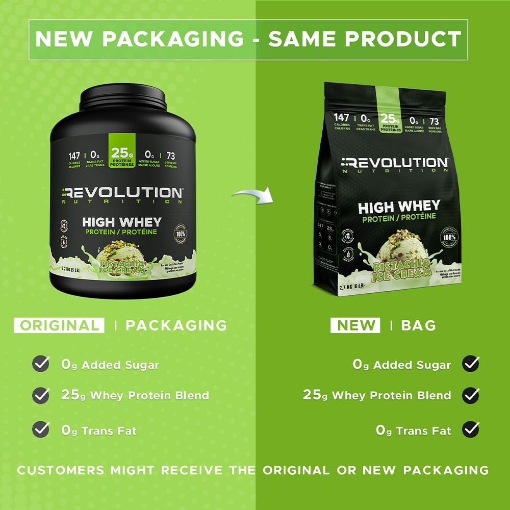 Comparison of Revolution Nutrition protein product packaging on a green background