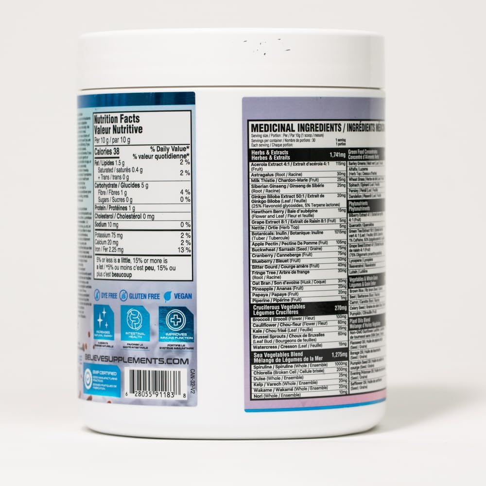 Supplement container with nutritional facts and ingredients listed on a white background
