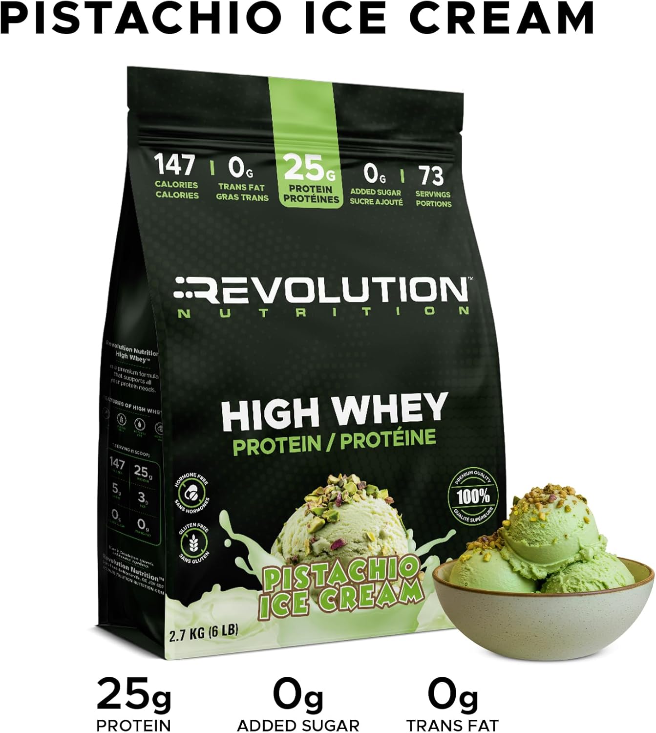 Revolution Nutrition High Whey Protein package with pistachio ice cream flavor, showing nutritional information.