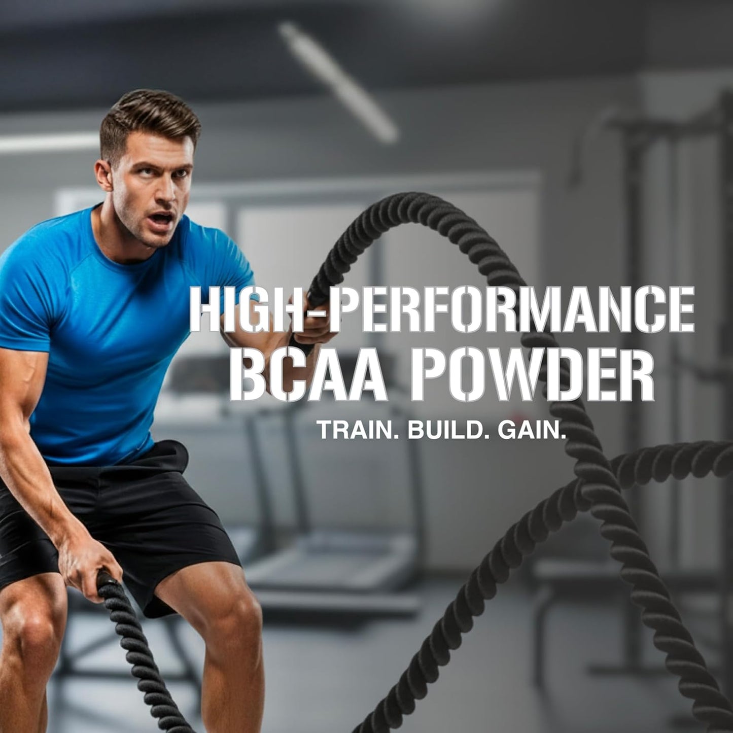 Man using battle ropes with text about high-performance BCAA powder in a gym setting