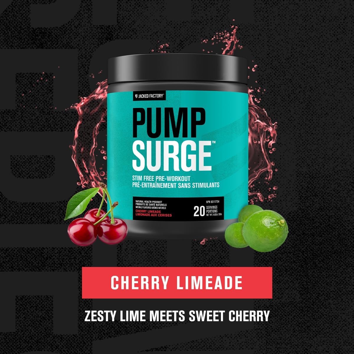 Pump Surge supplement container with cherry and lime on a black background