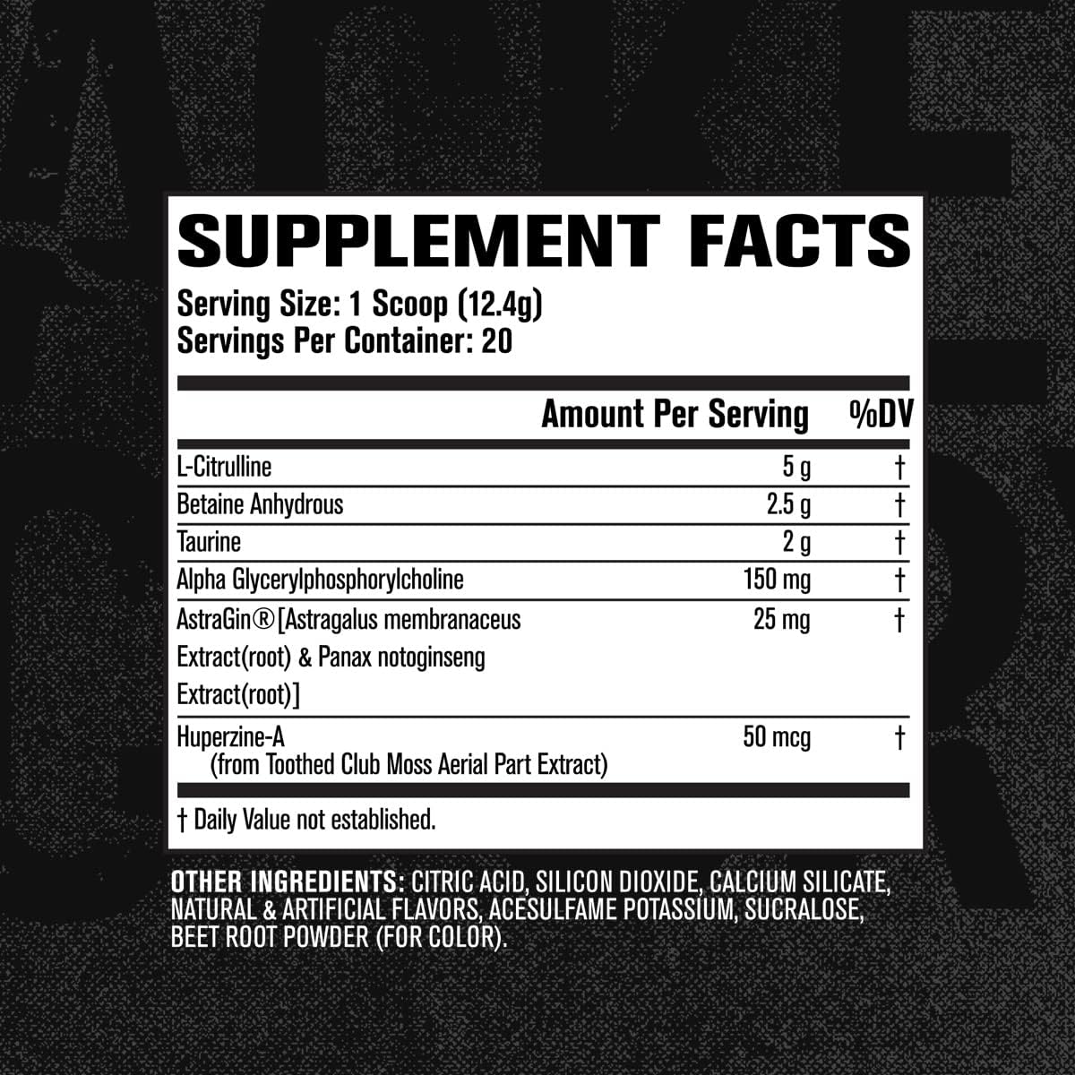 A supplement facts label on a black textured background, showing serving size, servings per container, and a list of ingredients with amounts per serving and %DV.