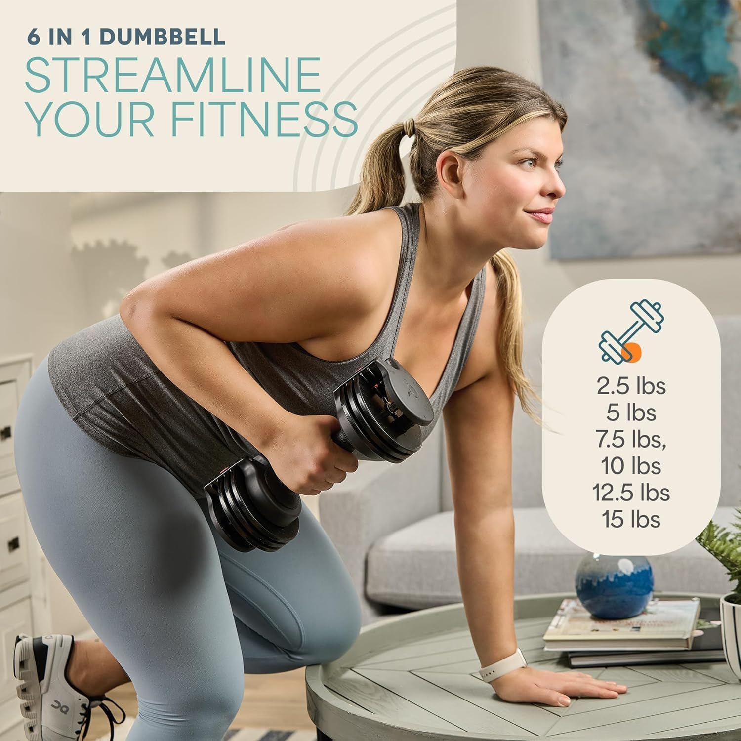 Woman exercising with a 6-in-1 dumbbell in a home setting
