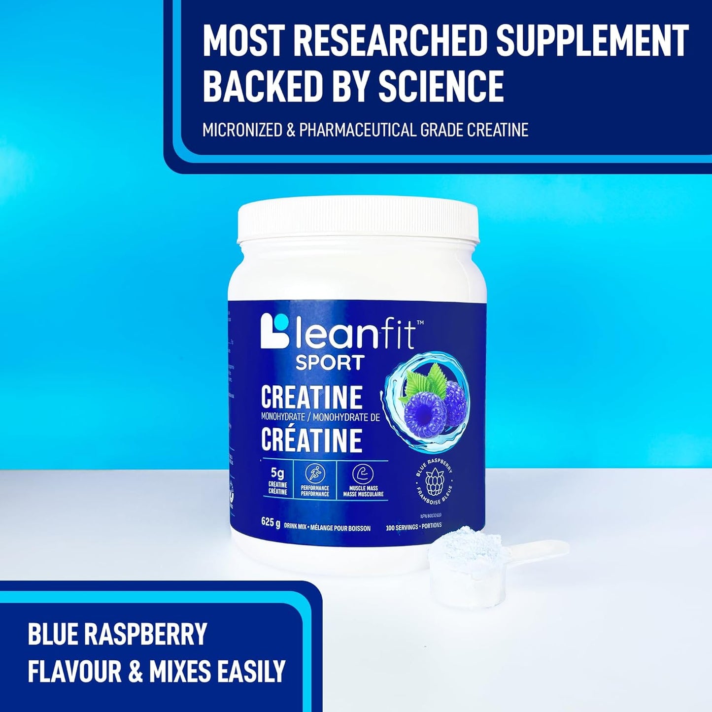 Blue raspberry flavored supplement container with 'leanfit' branding on a blue background