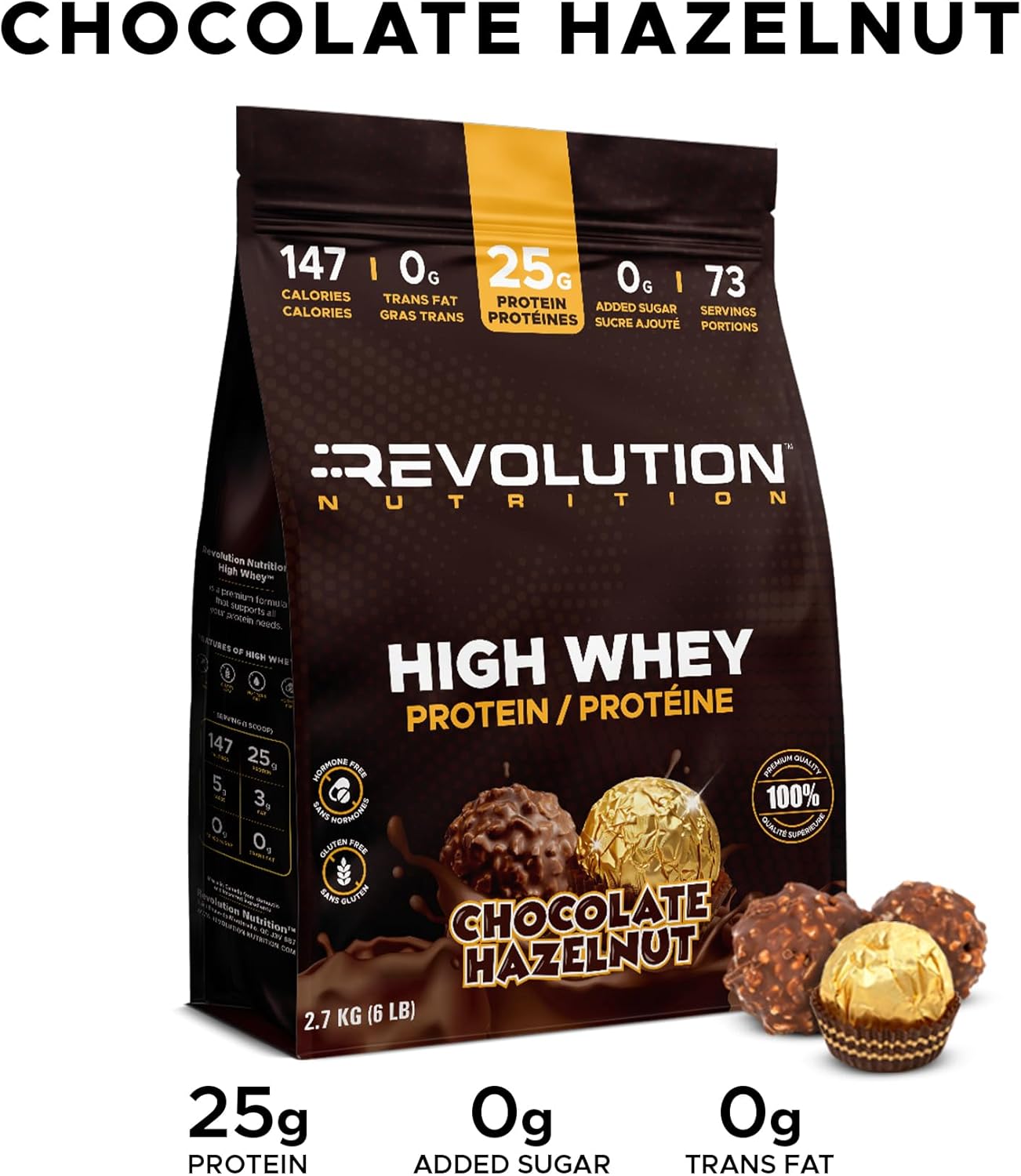 Revolution Nutrition High Whey Protein package for chocolate hazelnut flavor on a white background