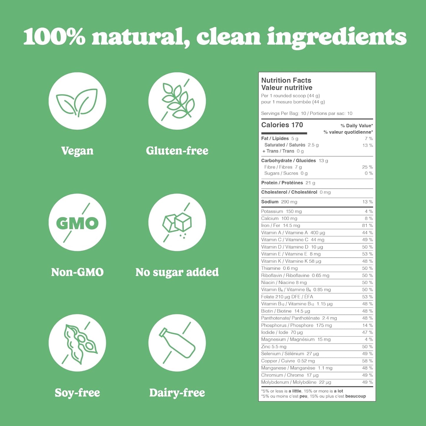 Product label with nutritional information and health claims on a green background