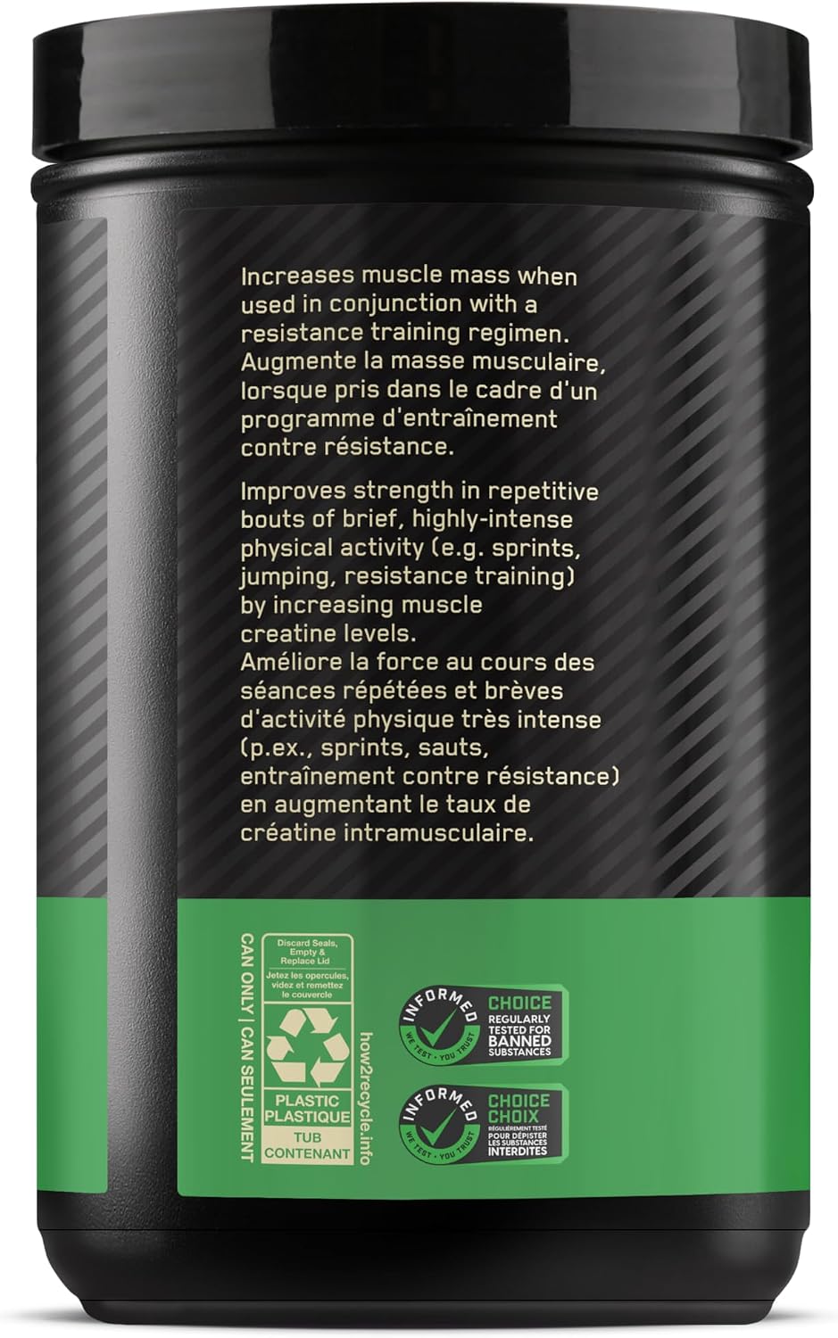 A black plastic supplement tub with a black lid, showing the back label in English and French. The label features a black textured upper section with white text, a bright green band at the bottom, and several certification logos including BPA-free and recycled content icons.