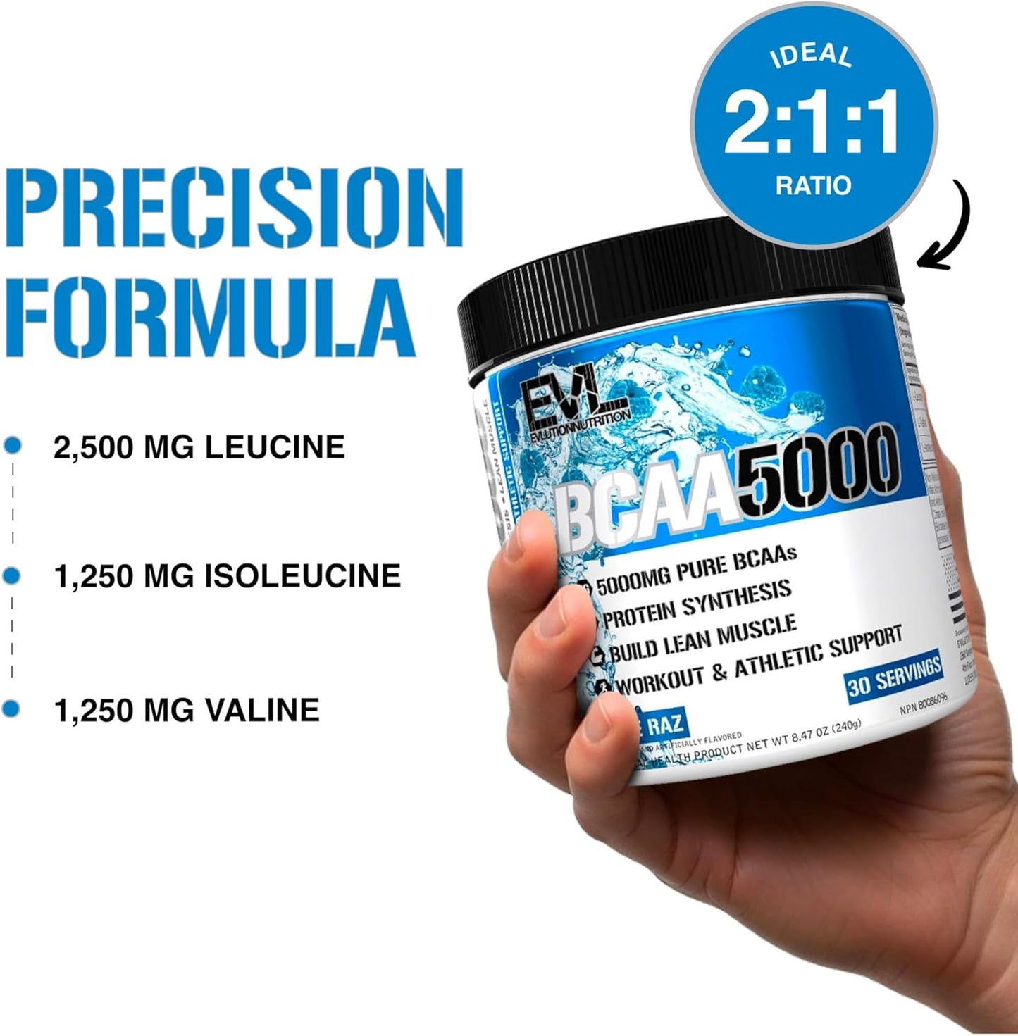 Hand holding a supplement container labeled 'BCAA 5000' with nutritional information on a white background.