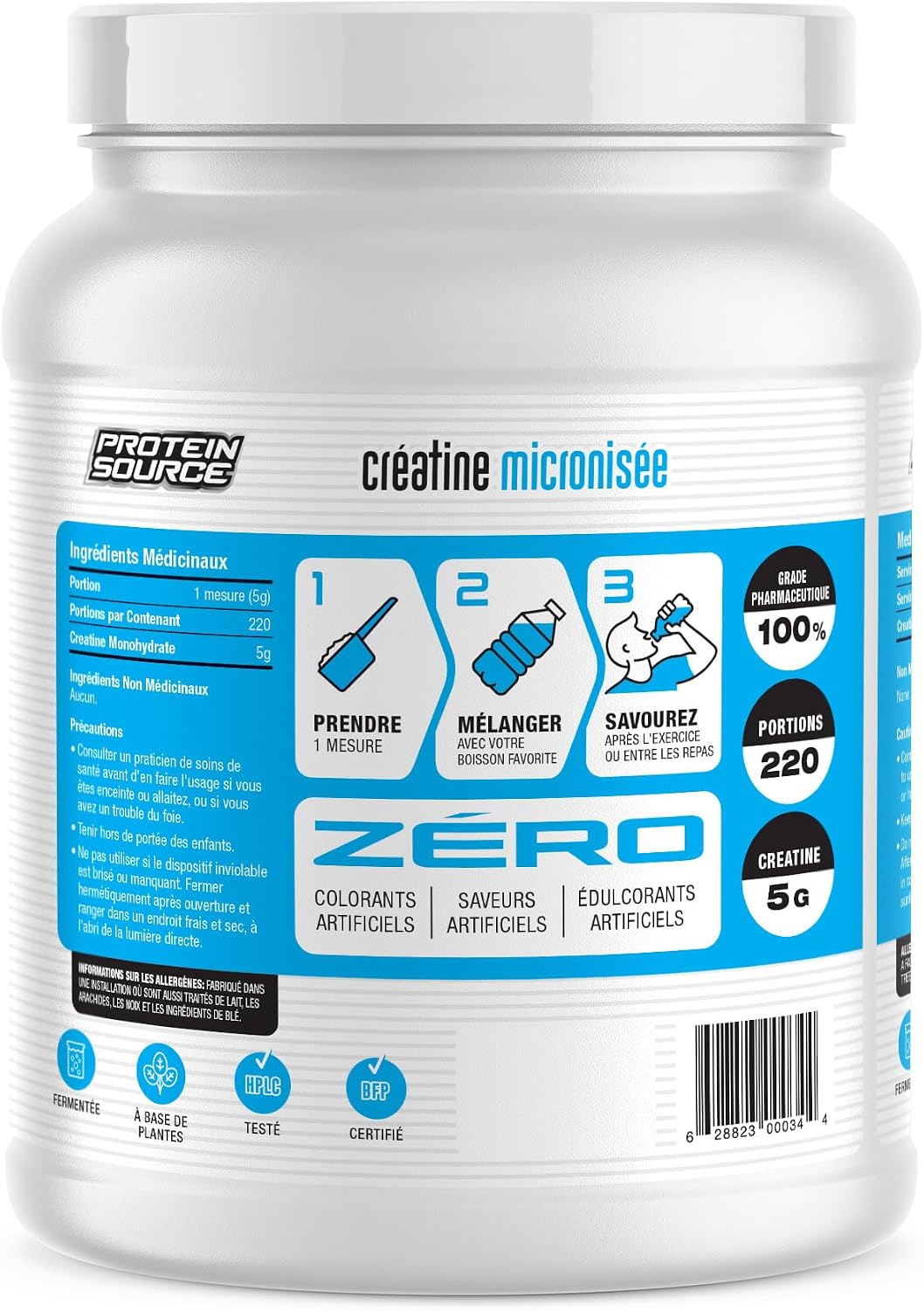 A white tub of Protein Source creatine microcrystalline supplement powder, featuring a detailed blue and white label with French text, usage steps, and product details.