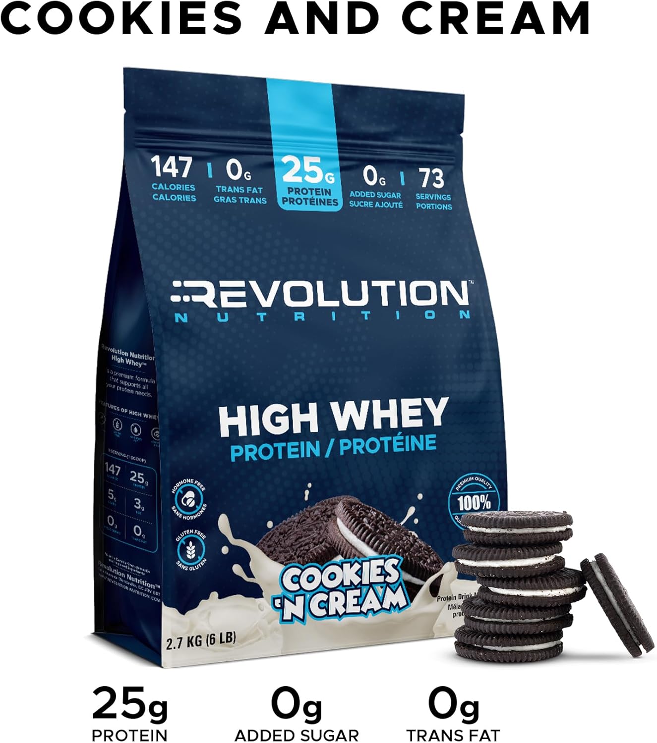 Revolution Nutrition High Whey Protein package with cookies and cream flavor on a white background