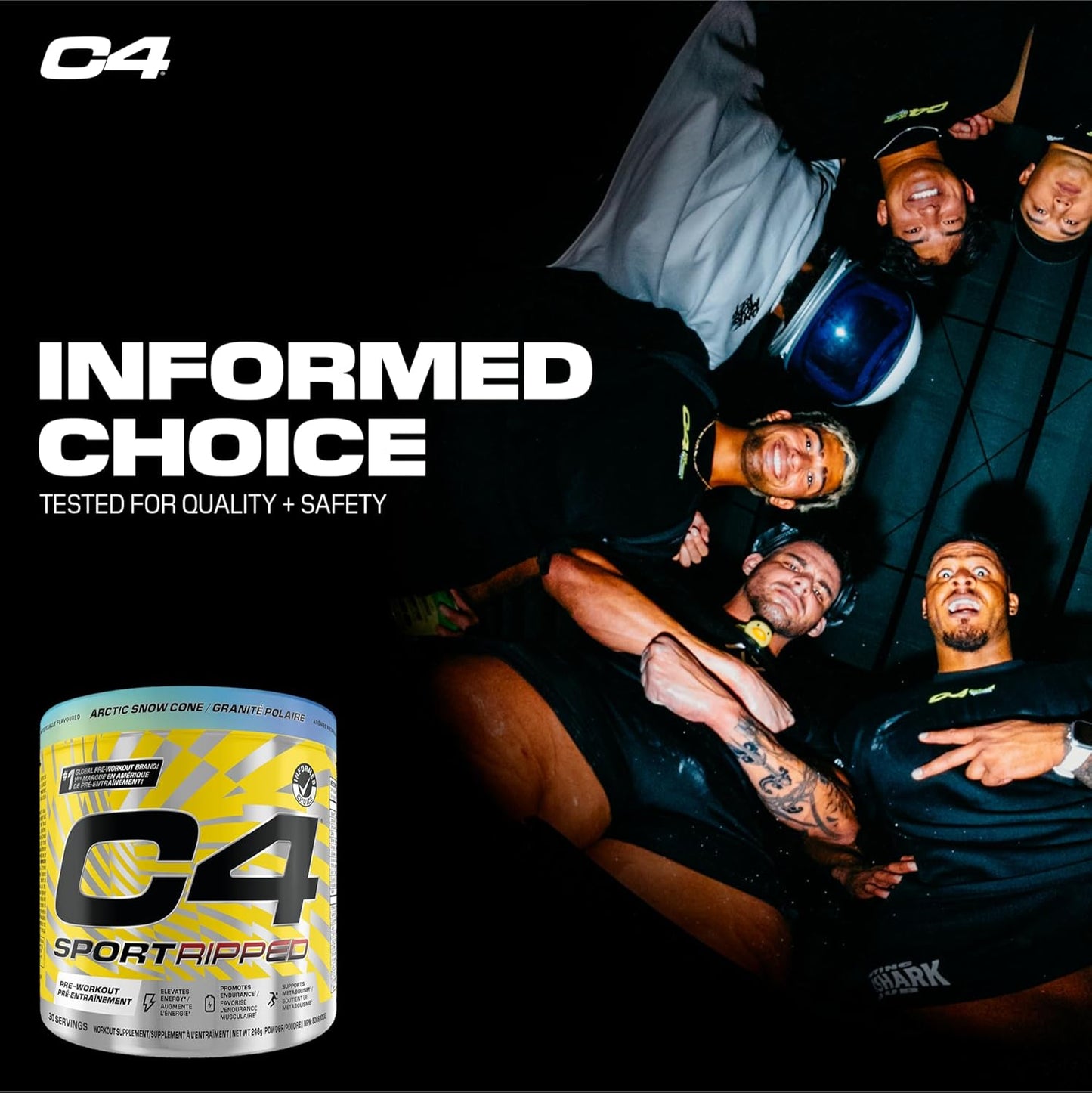 C4 Sport Ripped supplement container with a group of people in the background and 'Informed Choice' text.