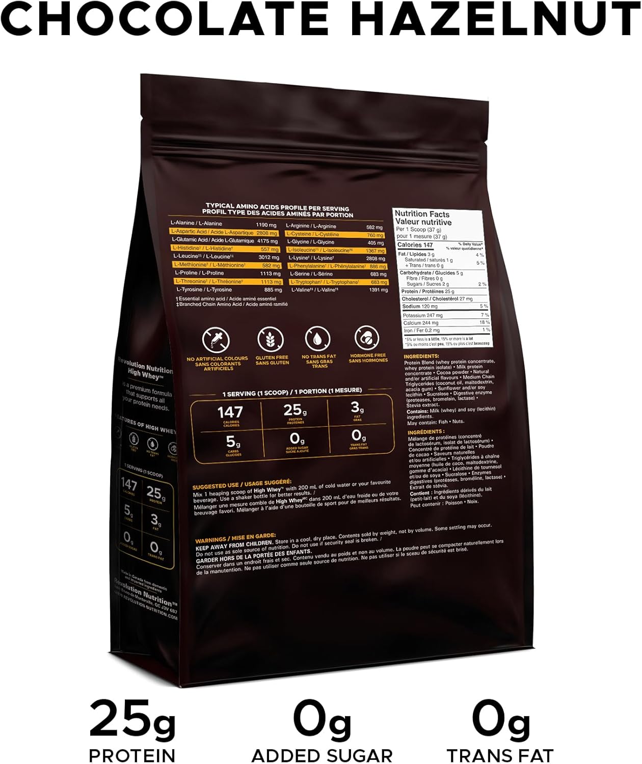 Chocolate hazelnut product packaging with nutritional information on a white background